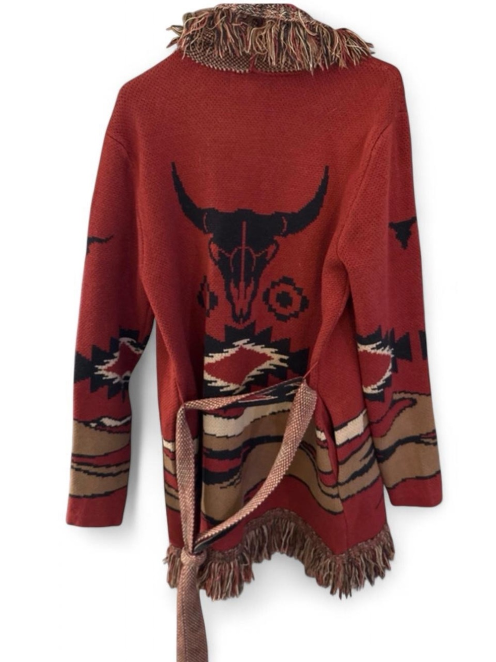 Idyllwind Rust Southwestern Fringe Belted Cardigan Aztec Steer Skull L Western